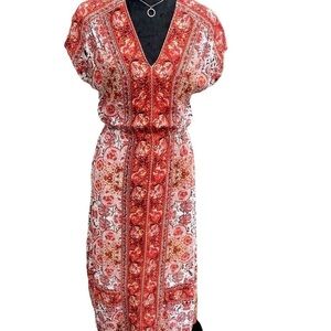 Lucky Brand Ladies Maxi‎ Dress V Neck, Red Cream Black Pull Over Elastic Waist